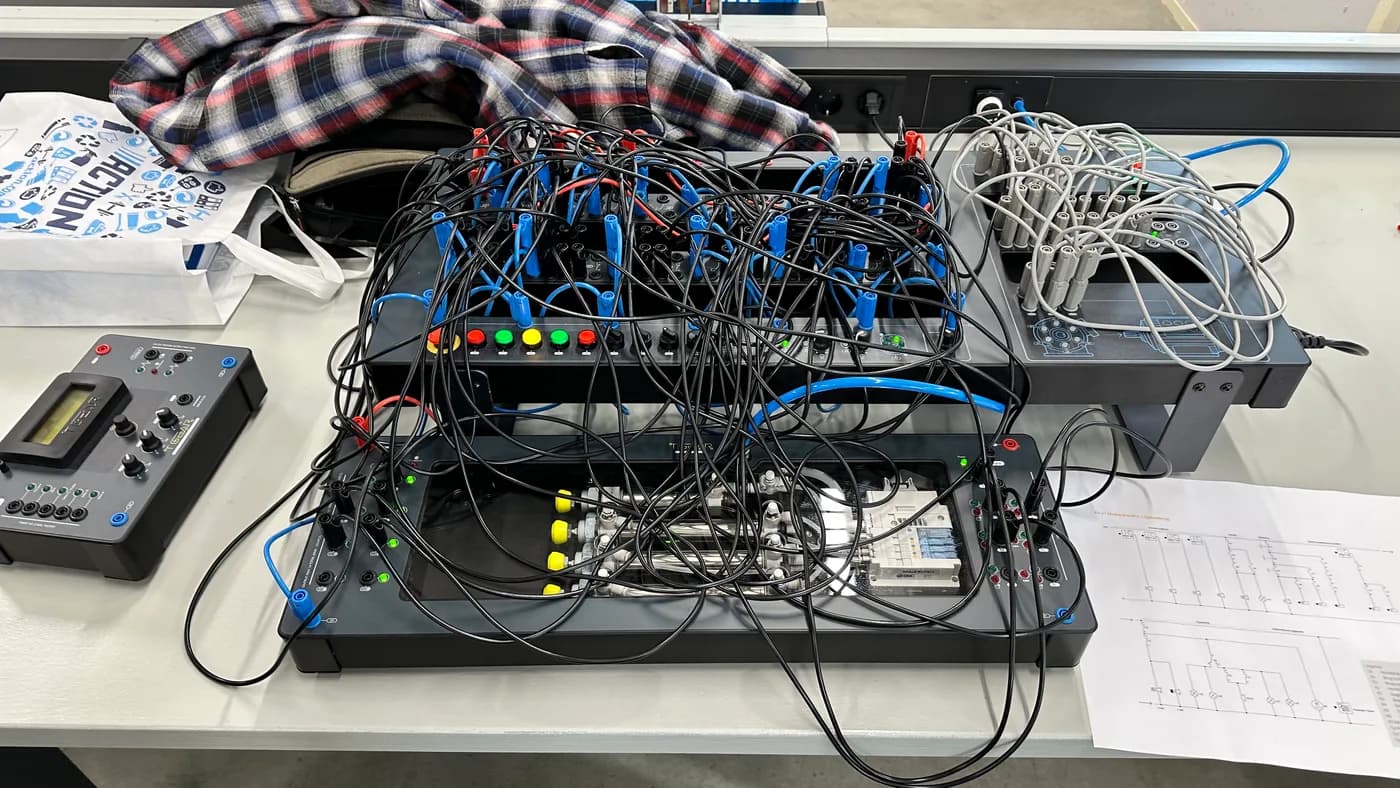 Detail of connected training panels with wiring, indicator lights and pneumatic components